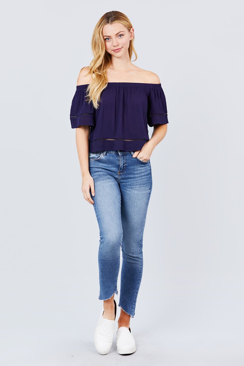 Elbow Sleeve Off The Shoulder Lace Trim Woven Top - Absolute Fashion 2020