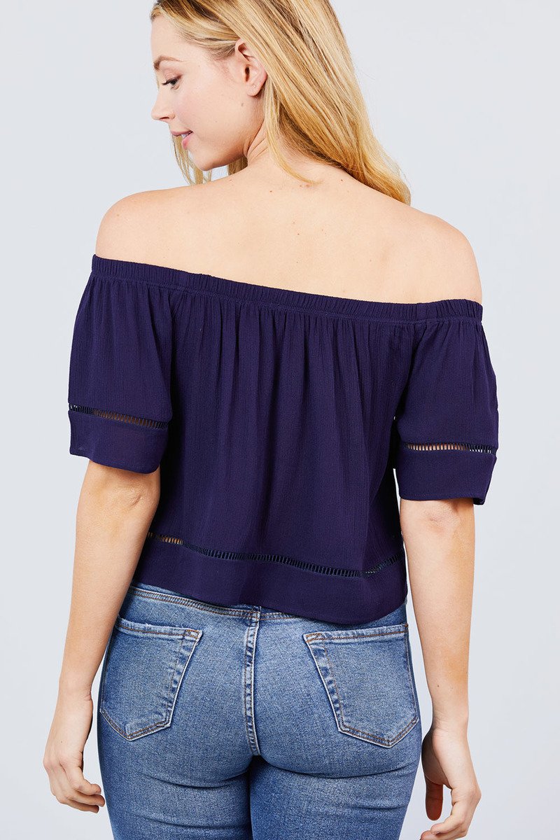Elbow Sleeve Off The Shoulder Lace Trim Woven Top - Absolute Fashion 2020