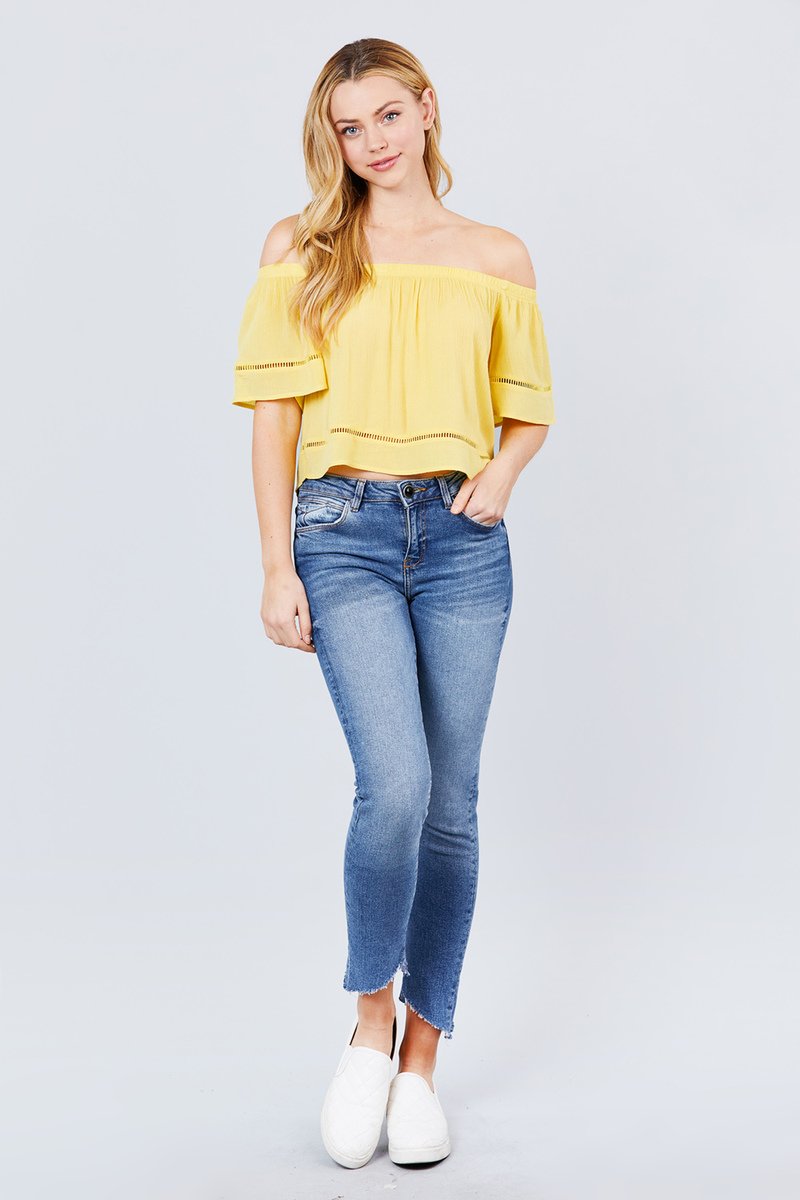 Elbow Sleeve Off The Shoulder Lace Trim Woven Top - Absolute Fashion 2020