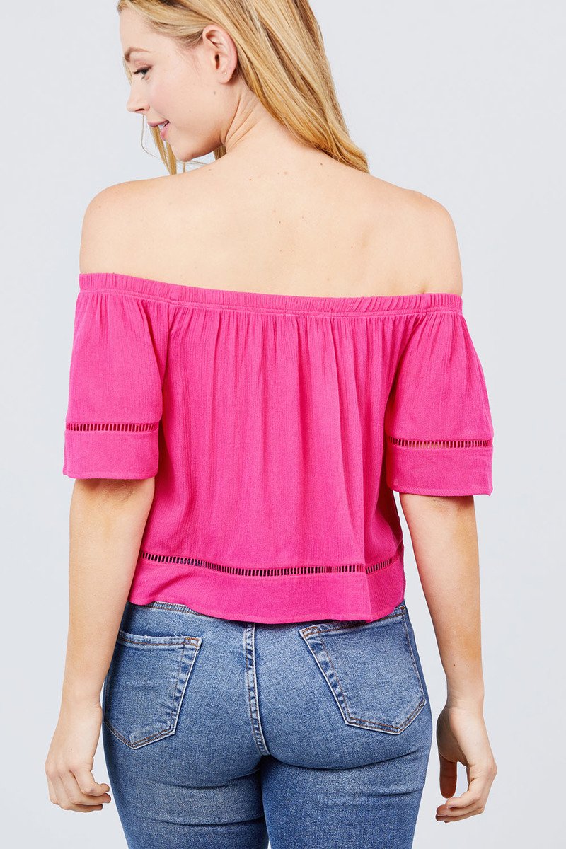 Elbow Sleeve Off The Shoulder Lace Trim Woven Top - Absolute Fashion 2020