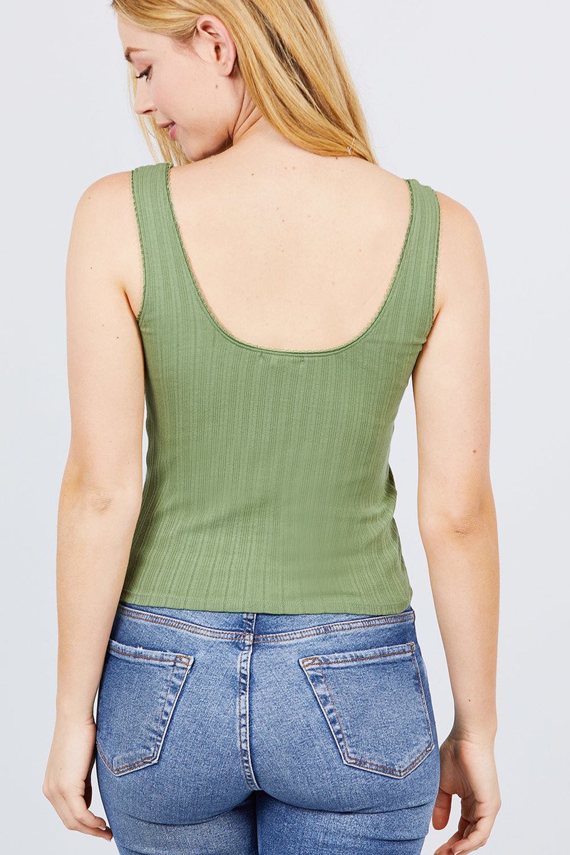 Sleeveless Double Scoop Neck Lace Trim Detail Pointelle Knit Top - Absolute Fashion 2020