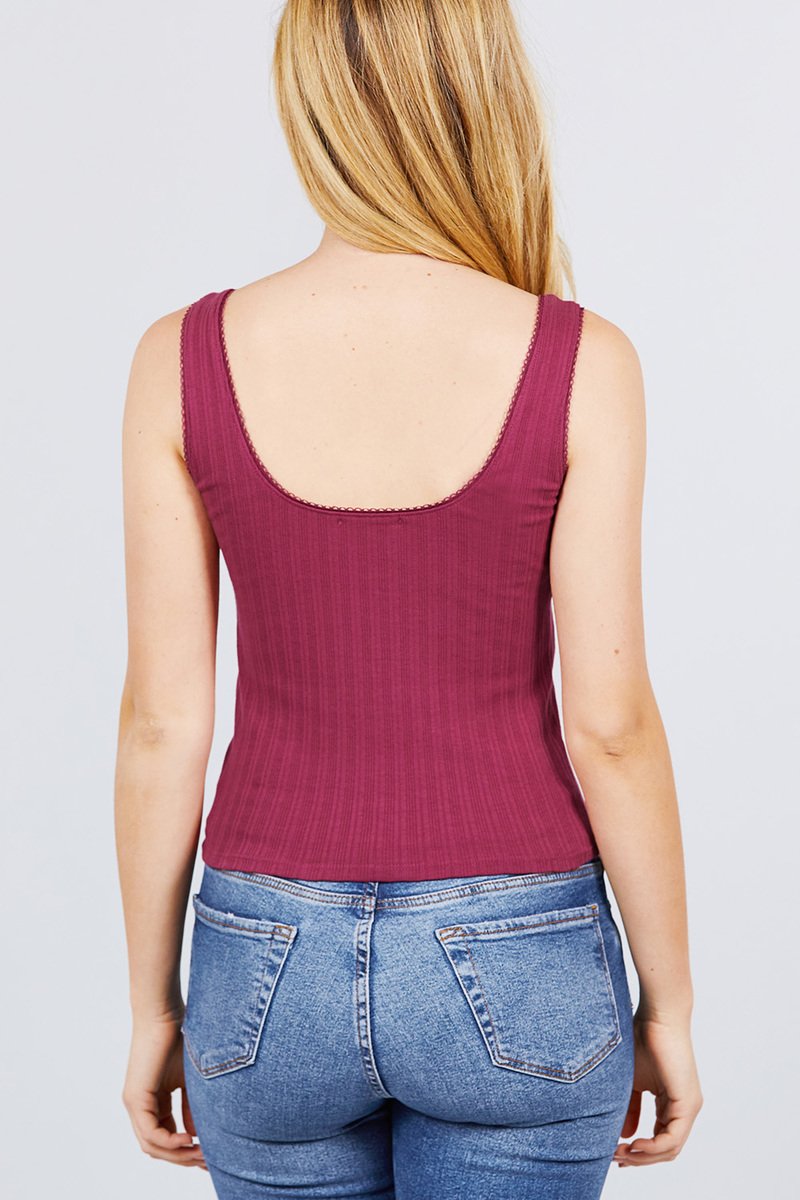 Sleeveless Double Scoop Neck Lace Trim Detail Pointelle Knit Top - Absolute Fashion 2020