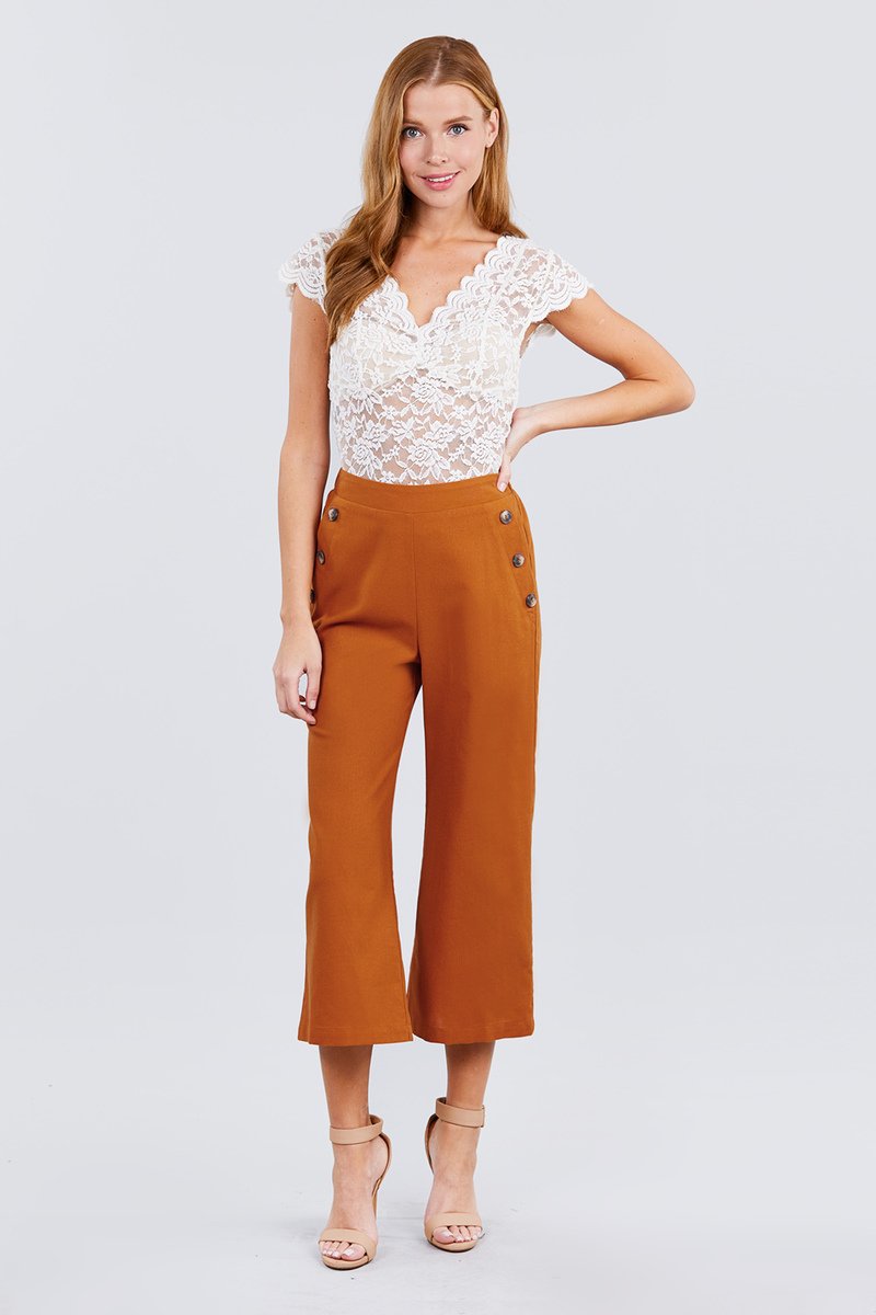 Fake Pocket W/button Detail Wide Long Leg Linen Pants - Absolute Fashion 2020