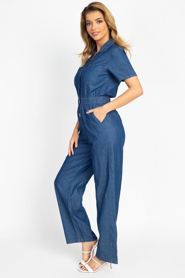 Button Front Elasticized Waist Jumpsuit - Absolute Fashion 2020