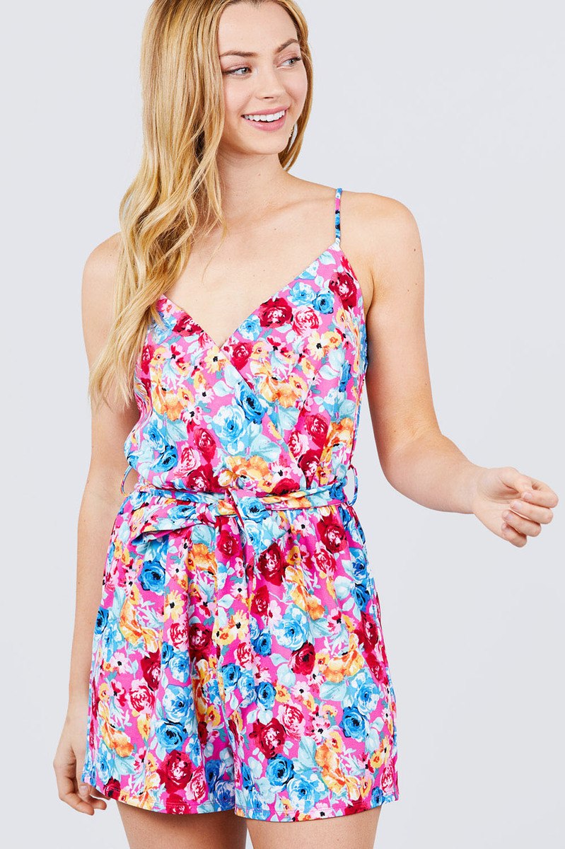 V-neck W/wrap Adjustable Spaghetti Straps Waist Belt Printed Knit Romper - Absolute Fashion 2020