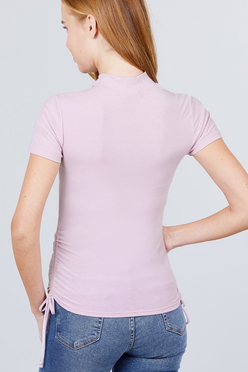 Short Sleeve Mock Neck Side Shirring Detail Rib Knit Top - Absolute Fashion 2020