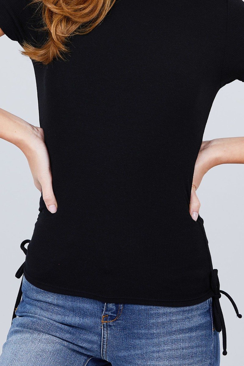 Short Sleeve Mock Neck Side Shirring Detail Rib Knit Top - Absolute Fashion 2020