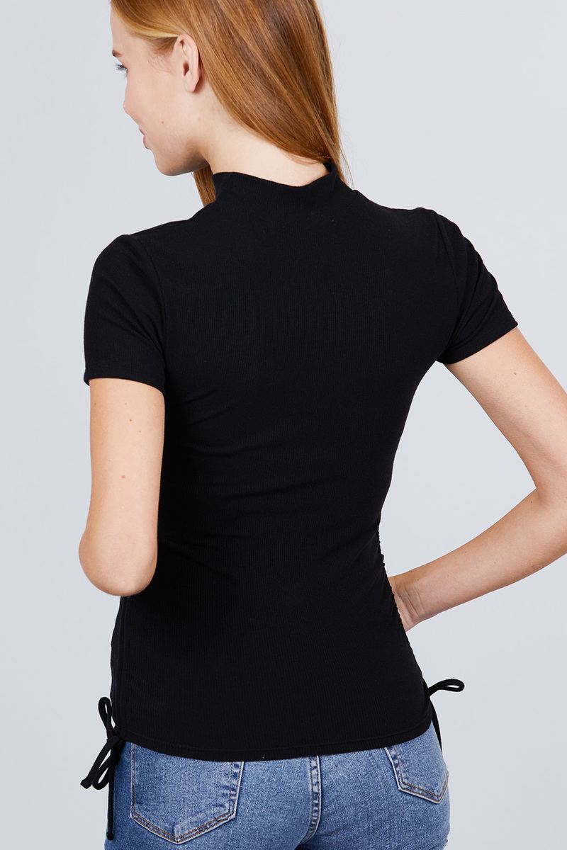 Short Sleeve Mock Neck Side Shirring Detail Rib Knit Top - Absolute Fashion 2020