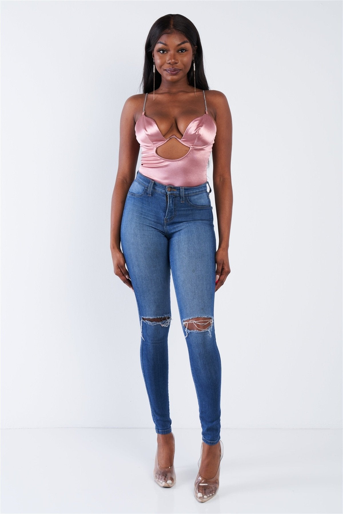 Silk Chain Spaghetti Strap High Thong Center Cut Out Bodysuit - Absolute Fashion 2020