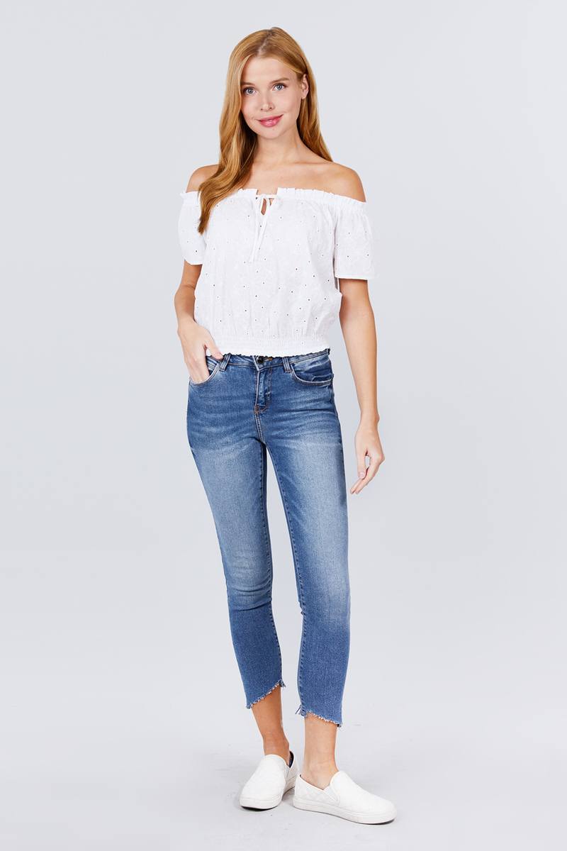 Short Sleeve Off The Shoulder Front Tie Detail Smocked Hem Eyelet Lace Woven Top - Absolute Fashion 2020