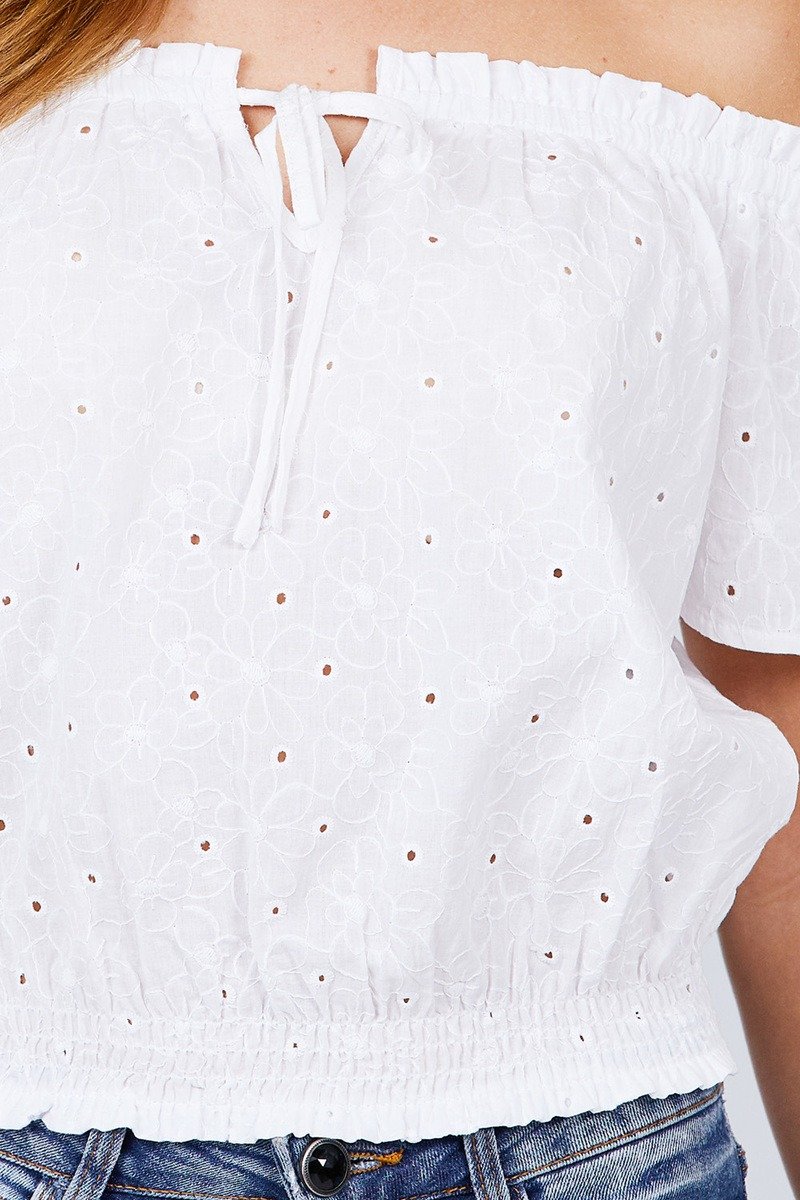 Short Sleeve Off The Shoulder Front Tie Detail Smocked Hem Eyelet Lace Woven Top - Absolute Fashion 2020