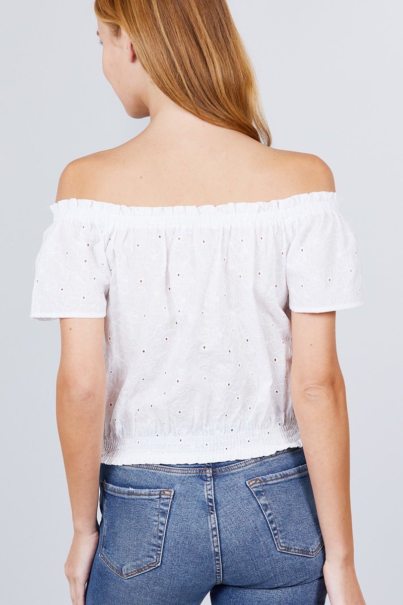 Short Sleeve Off The Shoulder Front Tie Detail Smocked Hem Eyelet Lace Woven Top - Absolute Fashion 2020