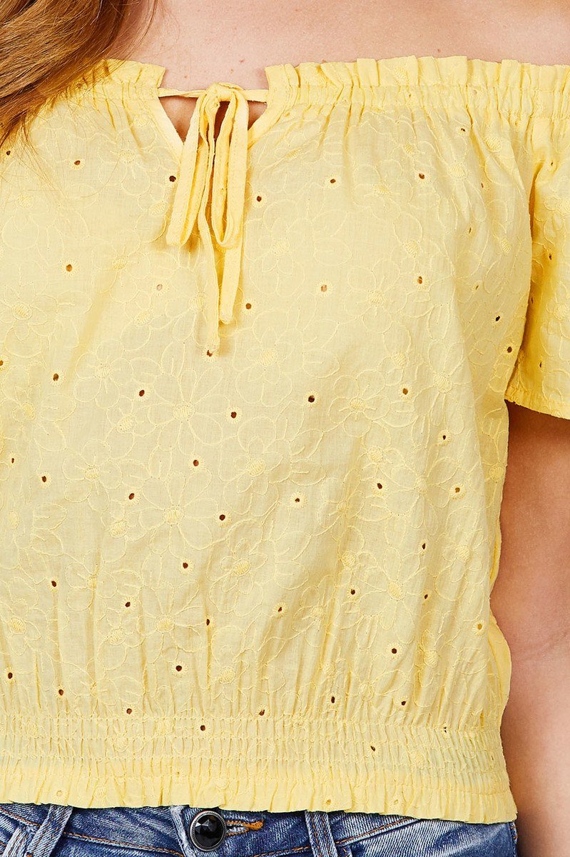 Short Sleeve Off The Shoulder Front Tie Detail Smocked Hem Eyelet Lace Woven Top - Absolute Fashion 2020