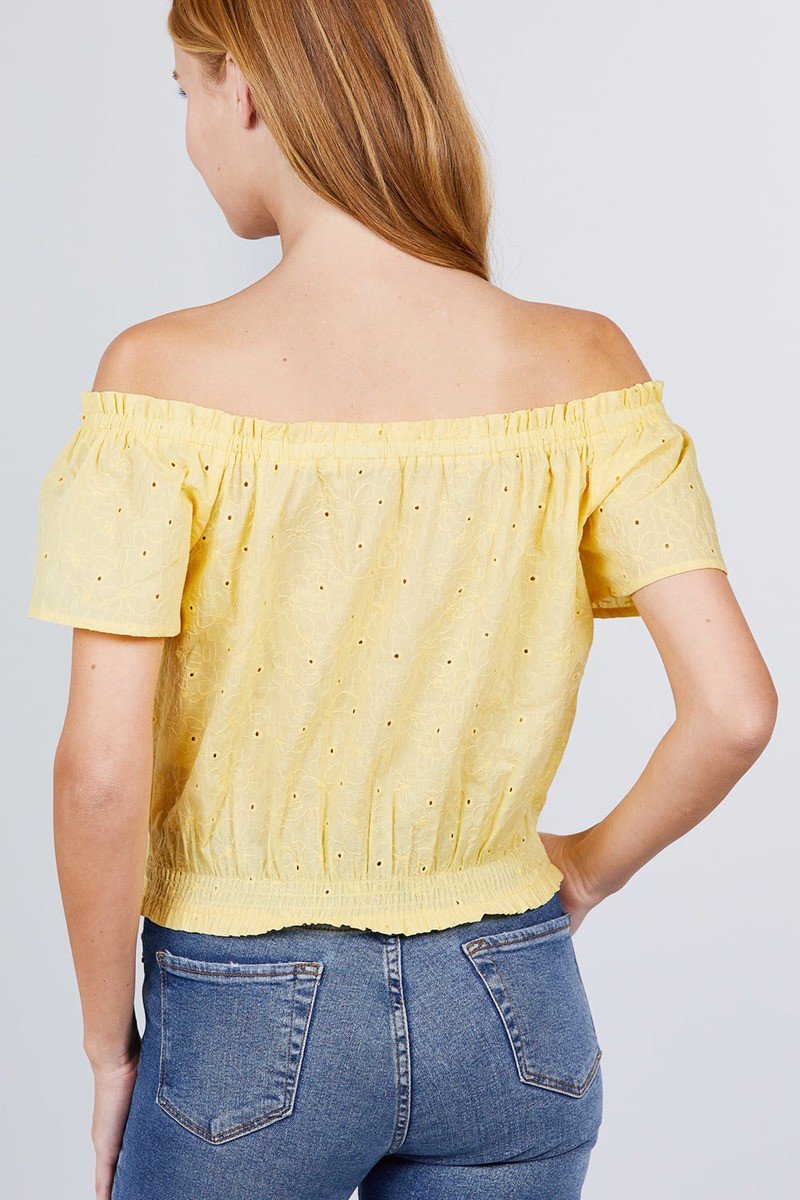 Short Sleeve Off The Shoulder Front Tie Detail Smocked Hem Eyelet Lace Woven Top - Absolute Fashion 2020