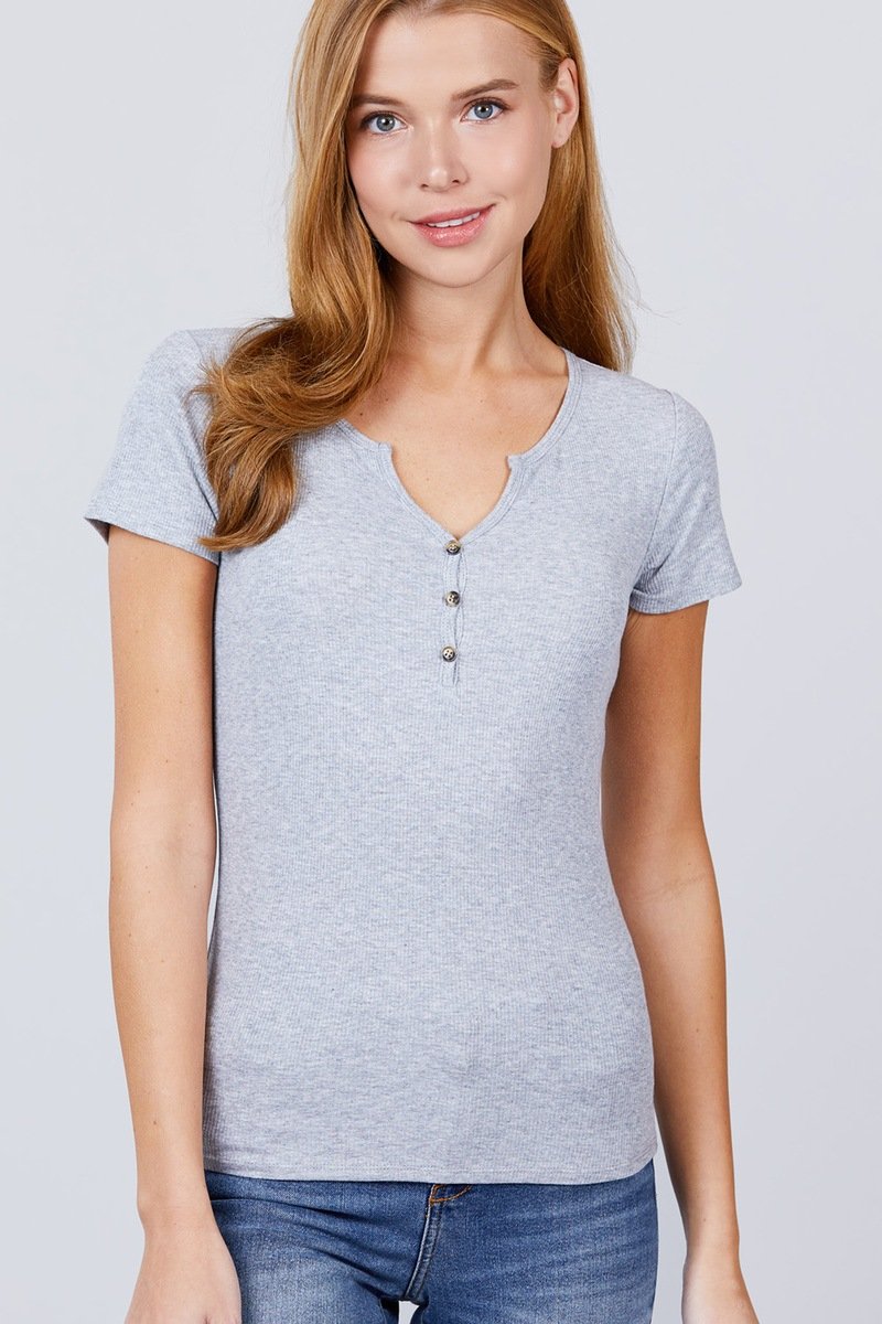 Short Sleeve W/button Detail Henley Neck Rib Knit Top - Absolute Fashion 2020
