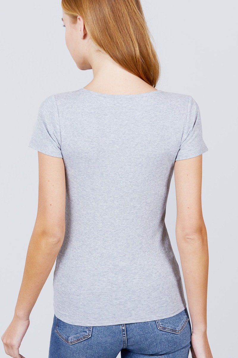 Short Sleeve W/button Detail Henley Neck Rib Knit Top - Absolute Fashion 2020