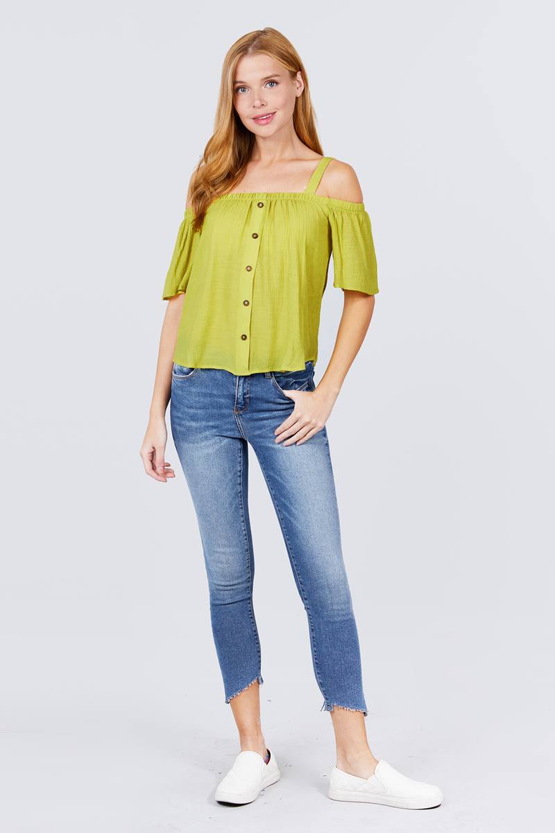 Elbow Sleeve Open Shoulder Button Down Woven Top - Absolute Fashion 2020