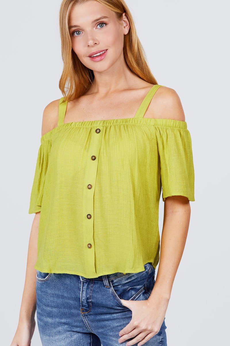 Elbow Sleeve Open Shoulder Button Down Woven Top - Absolute Fashion 2020