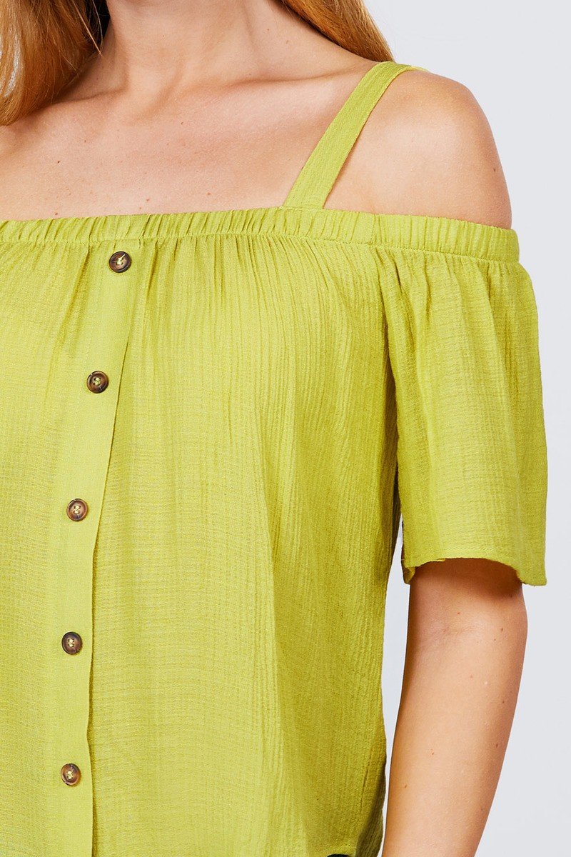 Elbow Sleeve Open Shoulder Button Down Woven Top - Absolute Fashion 2020
