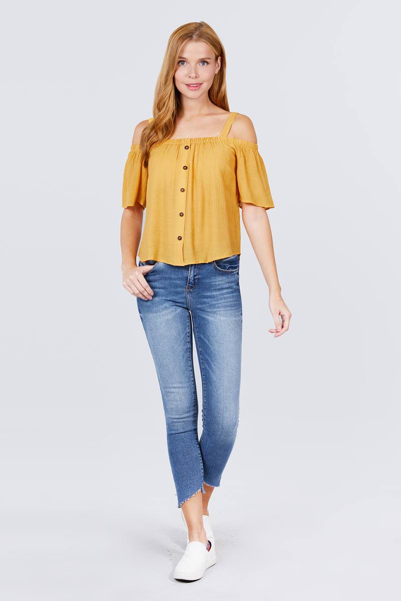 Elbow Sleeve Open Shoulder Button Down Woven Top - Absolute Fashion 2020
