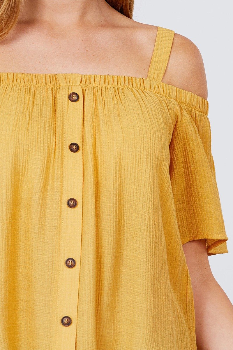 Elbow Sleeve Open Shoulder Button Down Woven Top - Absolute Fashion 2020