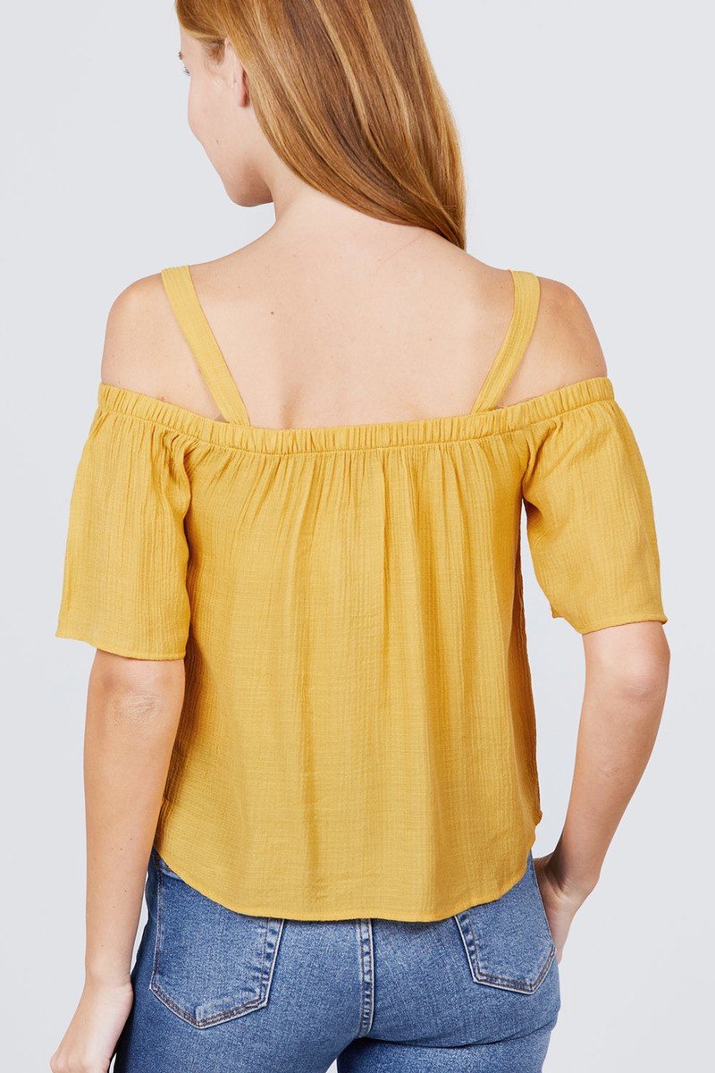 Elbow Sleeve Open Shoulder Button Down Woven Top - Absolute Fashion 2020