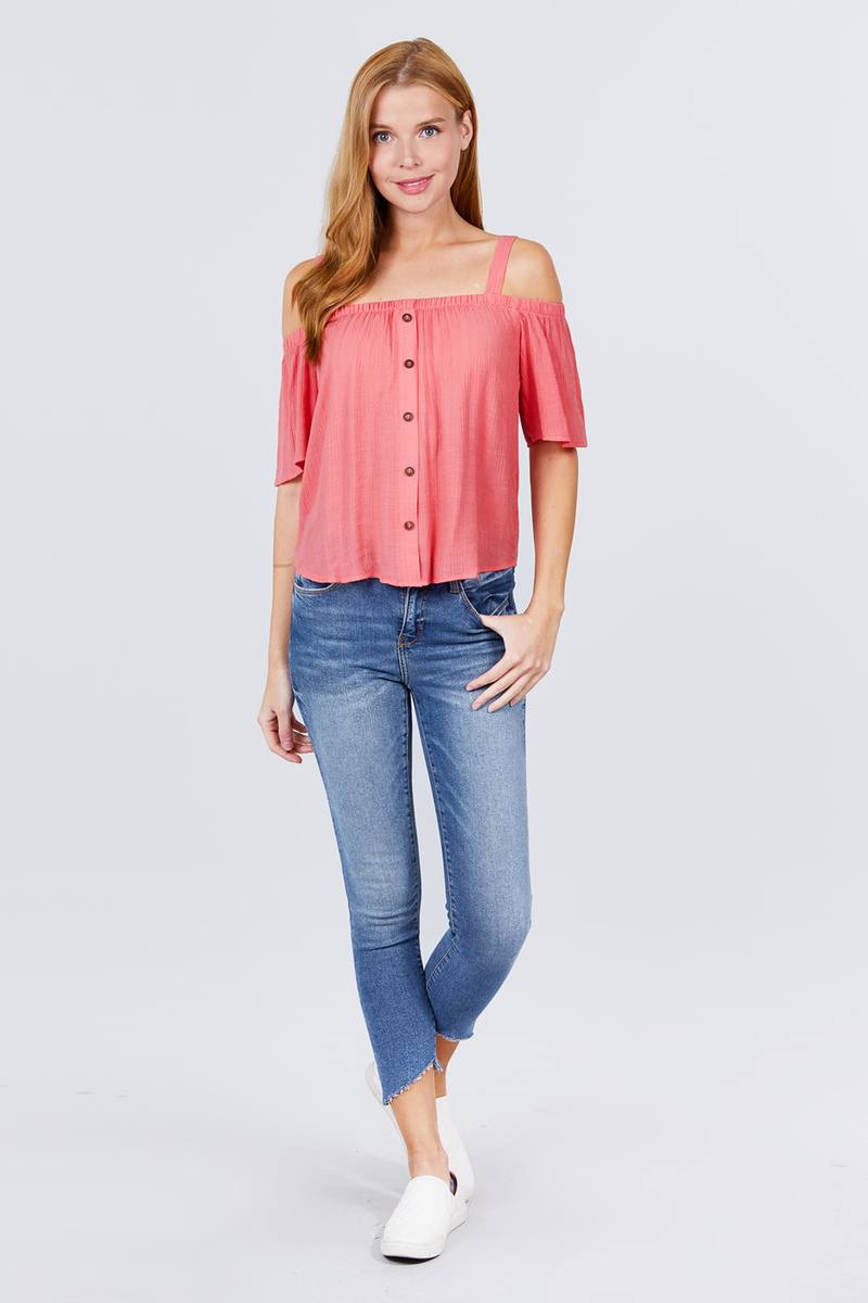 Elbow Sleeve Open Shoulder Button Down Woven Top - Absolute Fashion 2020