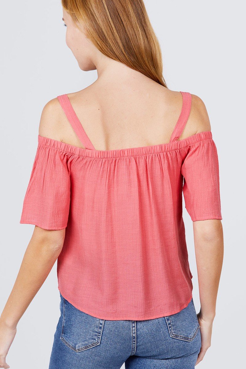 Elbow Sleeve Open Shoulder Button Down Woven Top - Absolute Fashion 2020
