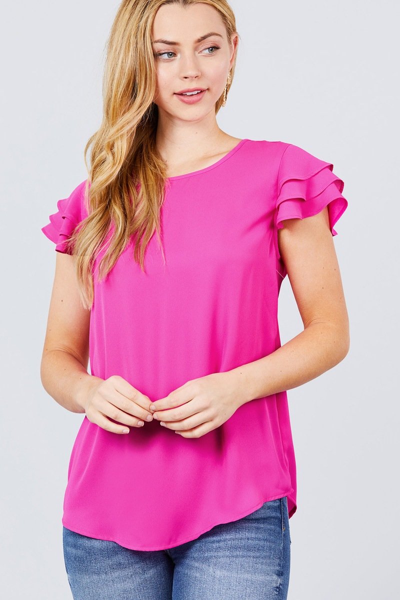 Short Cap Ruffle Sleeve Round Neck Woven Top - Absolute Fashion 2020