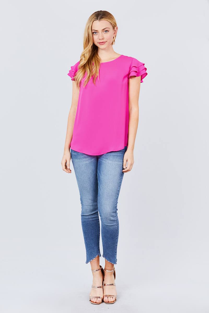 Short Cap Ruffle Sleeve Round Neck Woven Top - Absolute Fashion 2020