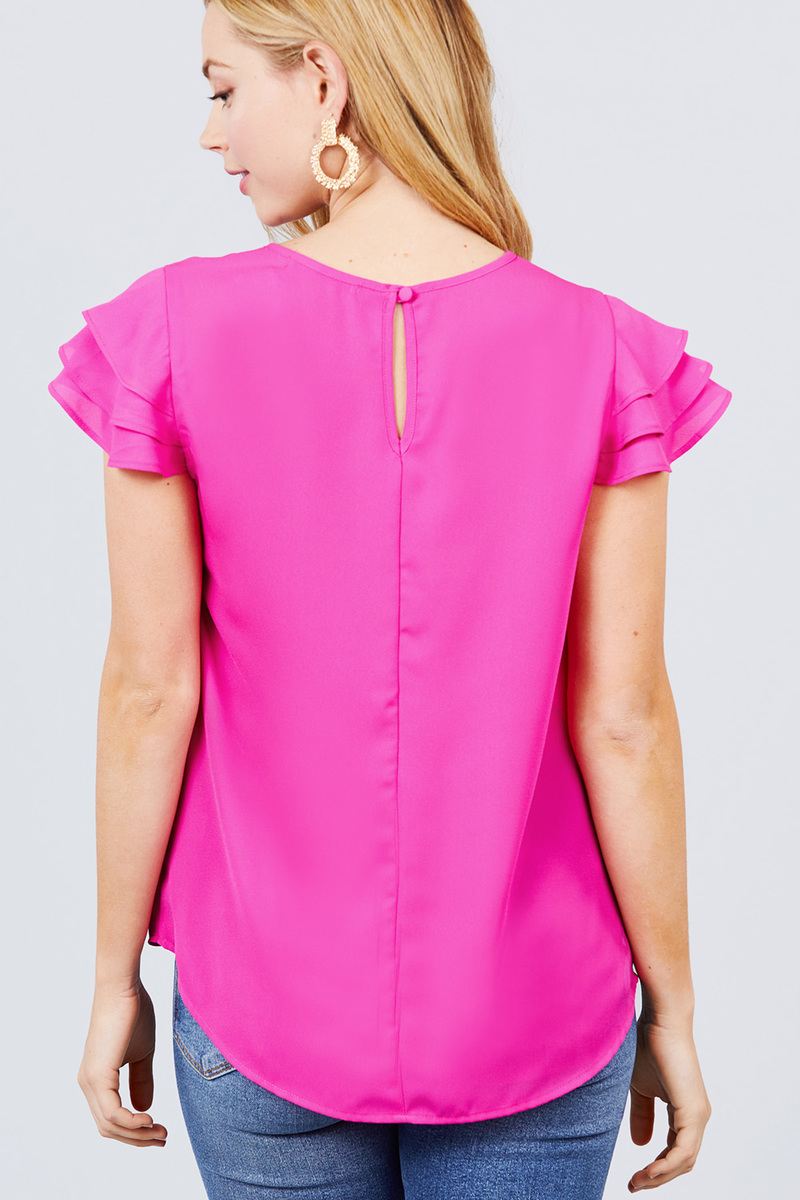 Short Cap Ruffle Sleeve Round Neck Woven Top - Absolute Fashion 2020