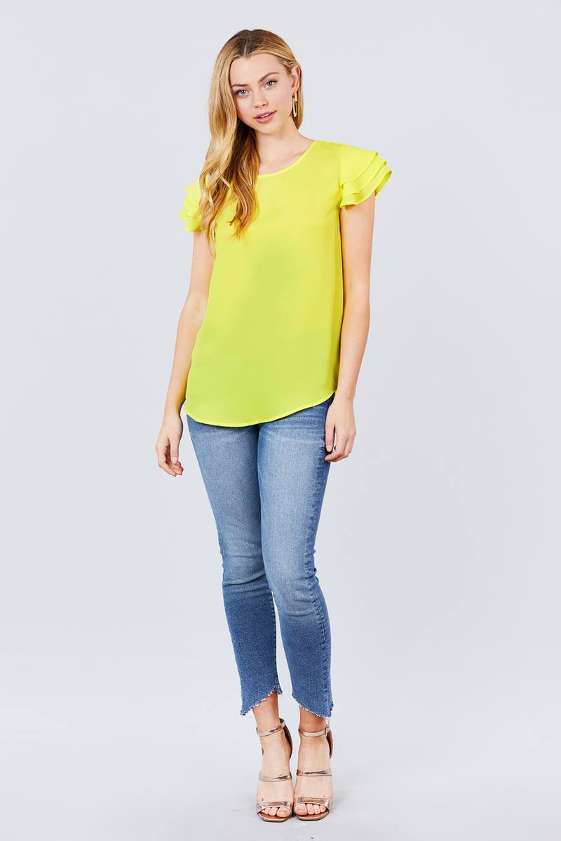 Short Cap Ruffle Sleeve Round Neck Woven Top - Absolute Fashion 2020