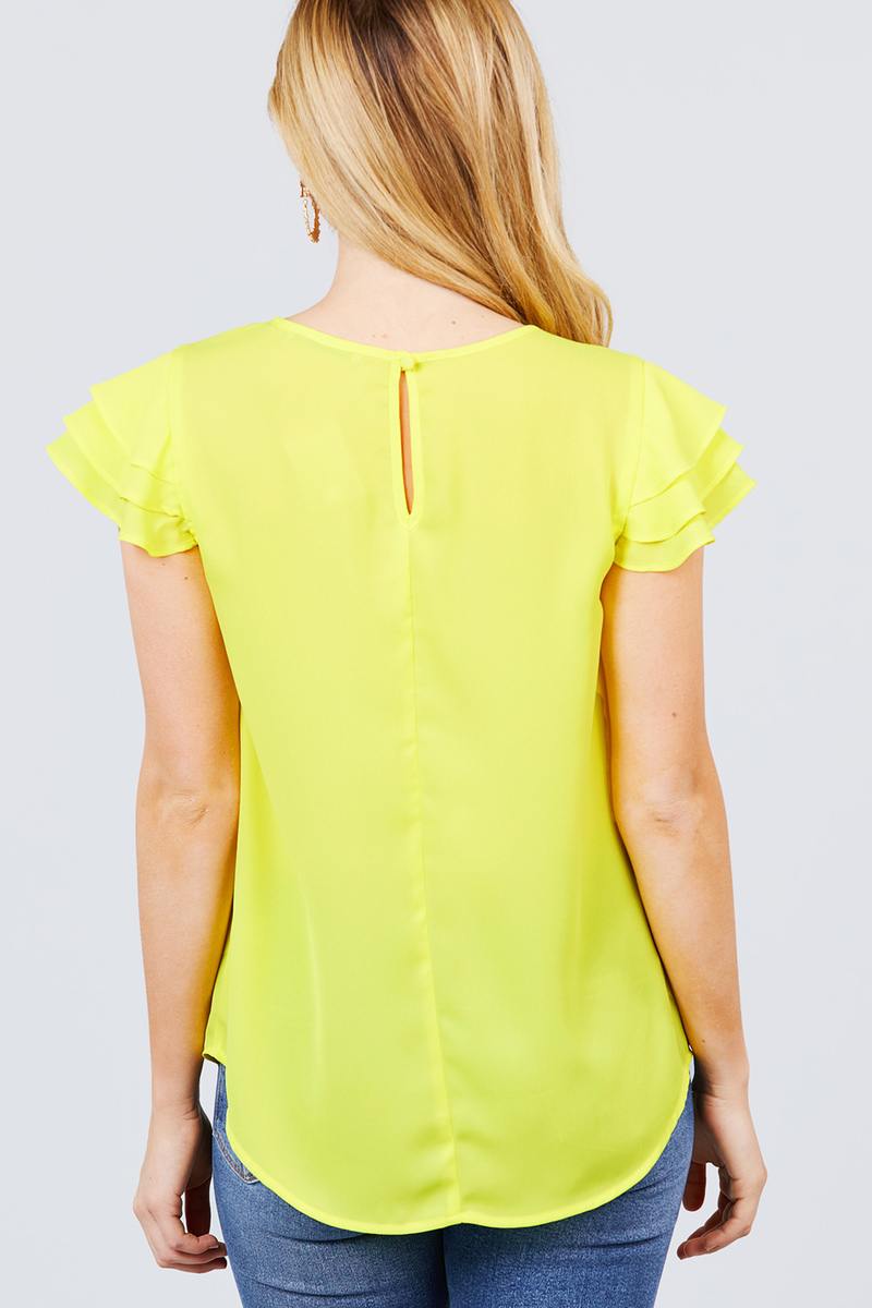 Short Cap Ruffle Sleeve Round Neck Woven Top - Absolute Fashion 2020
