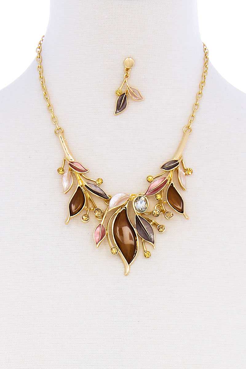 Stylish Multi Rhinestone Leaf Necklace And Earring Set - Absolute Fashion 2020
