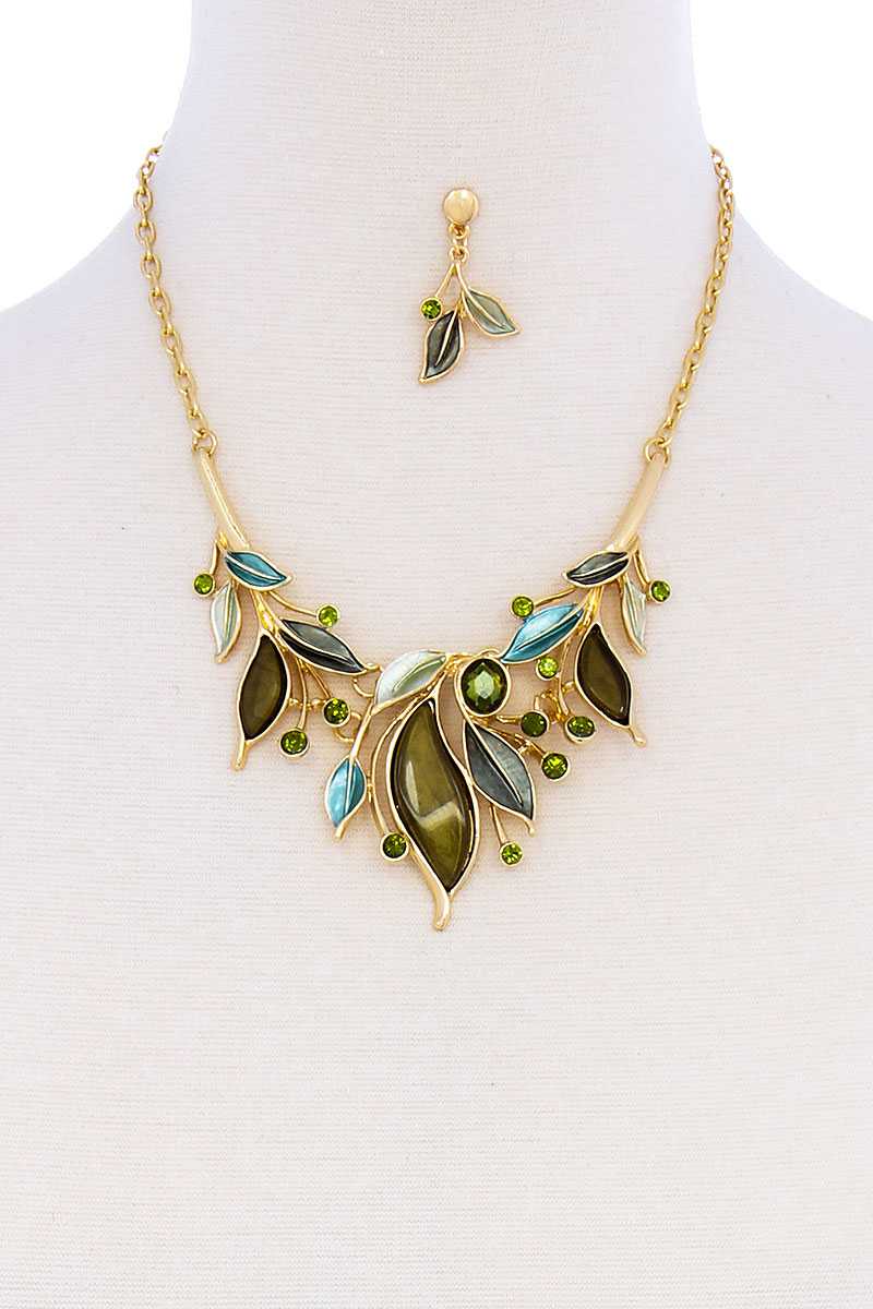 Stylish Multi Rhinestone Leaf Necklace And Earring Set - Absolute Fashion 2020
