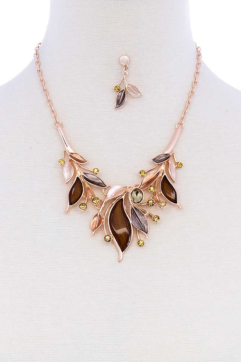 Stylish Multi Rhinestone Leaf Necklace And Earring Set - Absolute Fashion 2020