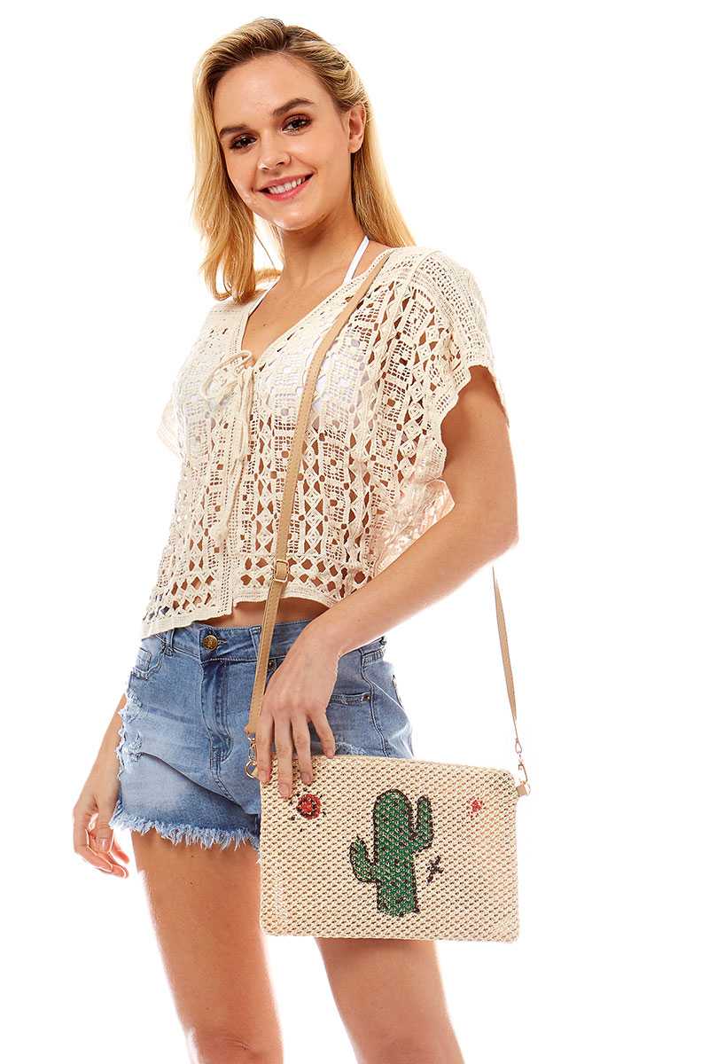 Cute Desert Cactus And Sun Print Straw Pouch Crossbody Bag - Absolute Fashion 2020