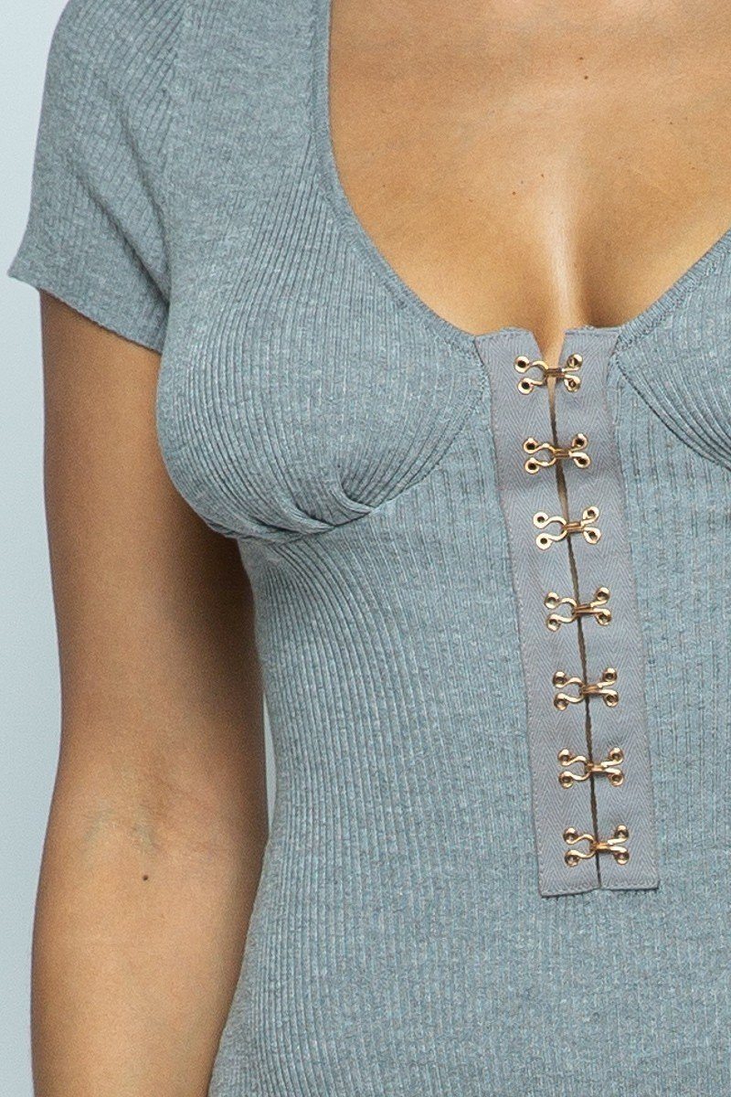 Short Sleeve Hook And Eye Ribbed Knit - Absolute Fashion 2020