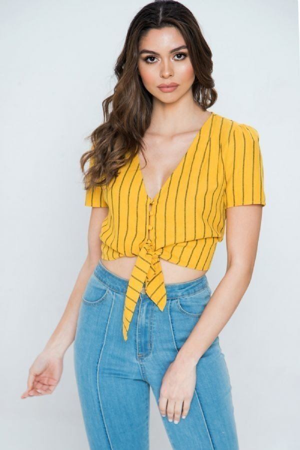 Striped Linen Top With Button-down Closure And Scarf Tie Hem - Absolute Fashion 2020