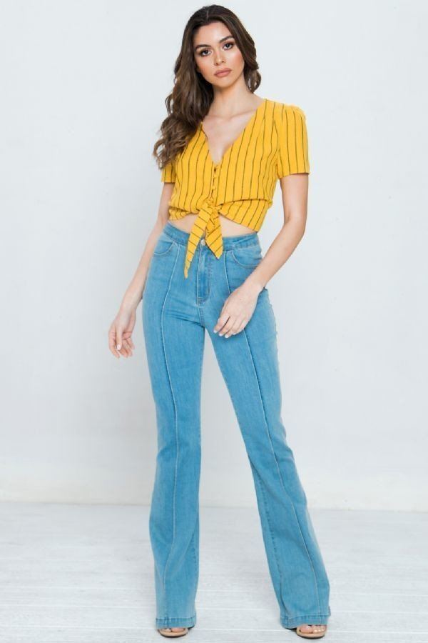 Striped Linen Top With Button-down Closure And Scarf Tie Hem - Absolute Fashion 2020