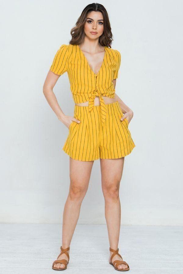 Striped Linen Top With Button-down Closure And Scarf Tie Hem - Absolute Fashion 2020
