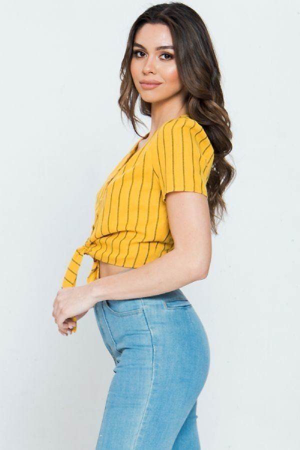 Striped Linen Top With Button-down Closure And Scarf Tie Hem - Absolute Fashion 2020