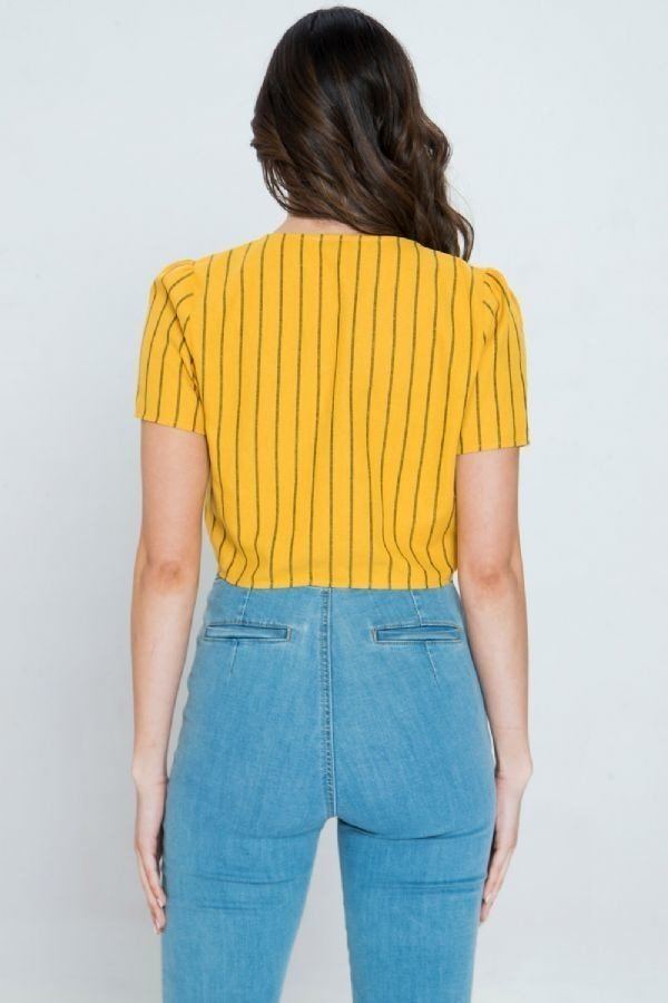 Striped Linen Top With Button-down Closure And Scarf Tie Hem - Absolute Fashion 2020