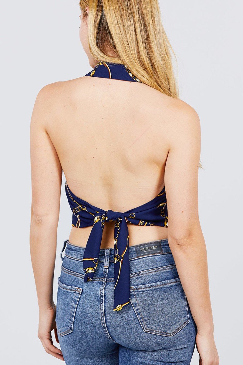Sleeveless Halter Neck W/collar Button Down Open Back Tie Closer Printed Woven Top - Absolute Fashion 2020
