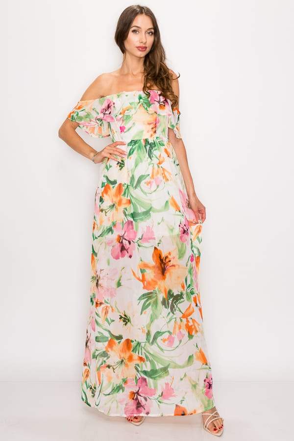 Floral Print Ruffled Off Shoulder Maxi Dress - Absolute Fashion 2020