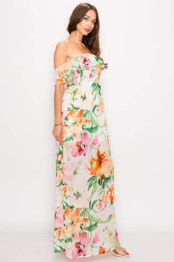 Floral Print Ruffled Off Shoulder Maxi Dress - Absolute Fashion 2020