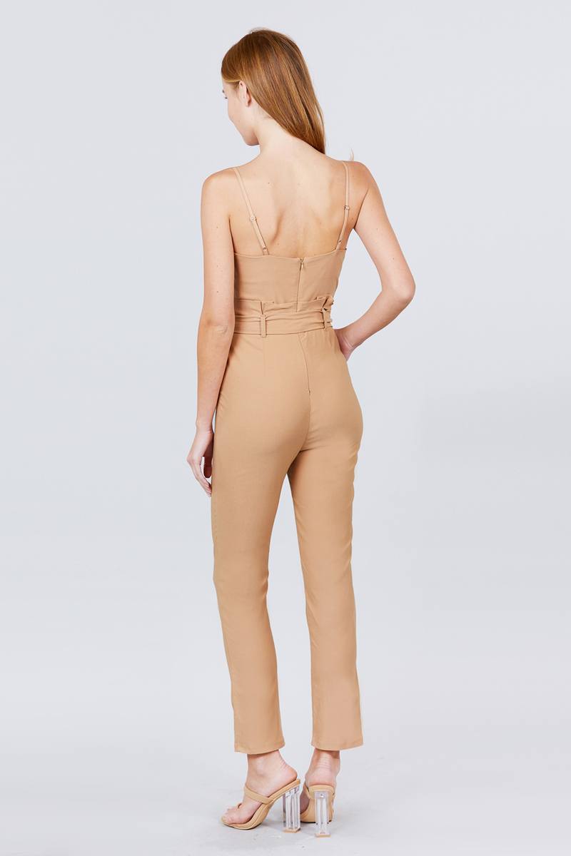 Cami Strap V-neck Belted Tie W/back Zipper Jumpsuit - Absolute Fashion 2020