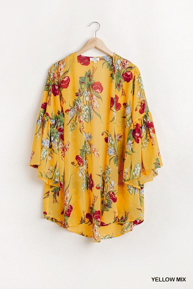 Floral Print Open Front Kimono With Flowy Sleeves - Absolute Fashion 2020