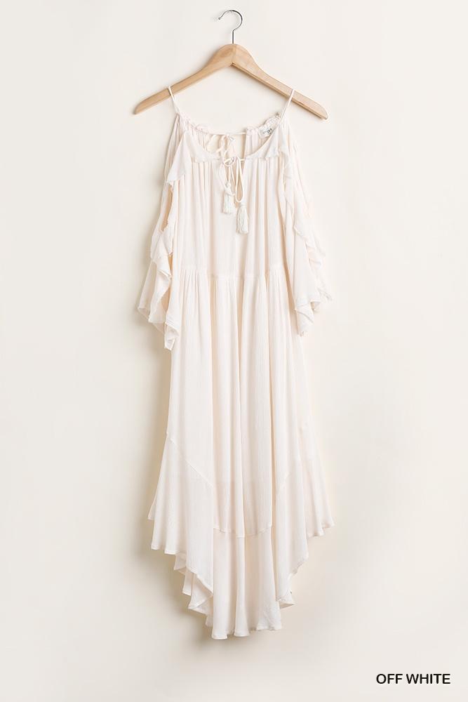 Ruffled Cold Shoulder Maxi Dress With Front Tassel Tie - Absolute Fashion 2020