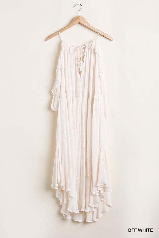 Ruffled Cold Shoulder Maxi Dress With Front Tassel Tie - Absolute Fashion 2020